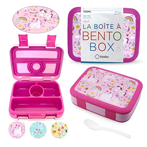 Bento Lunch Box Kids Toddlers: Leakproof Lunch Containers for Boys & Girls with 4 Compartments - School, Daycare, Pre-School, Snack Container with Lid Utensil, BPA-Free Boxes, Age 3+, Pink Unicorn