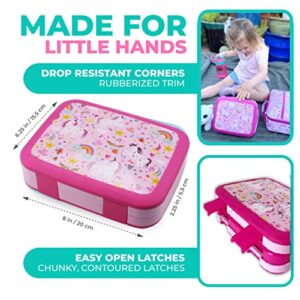 Bento Lunch Box Kids Toddlers: Leakproof Lunch Containers for Boys & Girls with 4 Compartments - School, Daycare, Pre-School, Snack Container with Lid Utensil, BPA-Free Boxes, Age 3+, Pink Unicorn