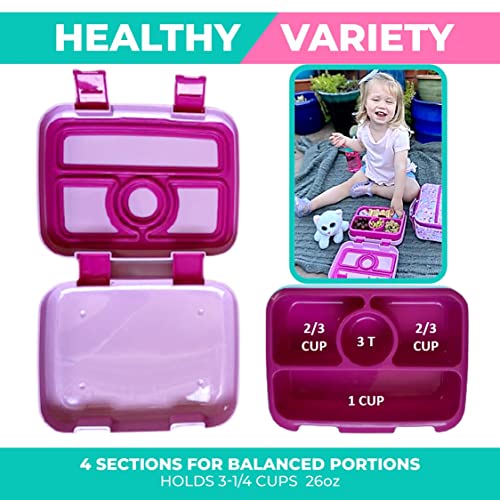 Bento Lunch Box Kids Toddlers: Leakproof Lunch Containers for Boys & Girls with 4 Compartments - School, Daycare, Pre-School, Snack Container with Lid Utensil, BPA-Free Boxes, Age 3+, Pink Unicorn