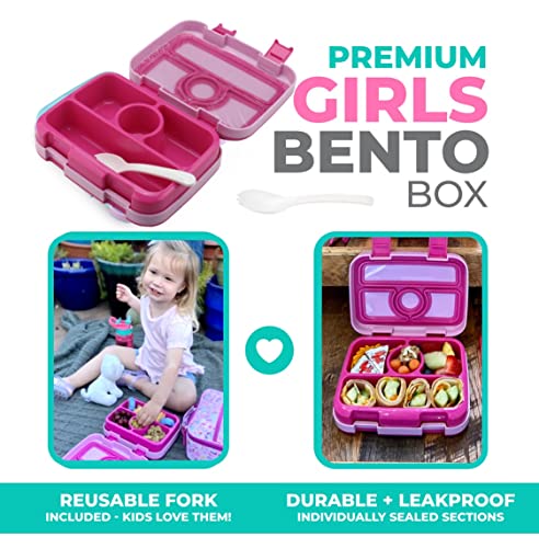 Bento Lunch Box Kids Toddlers: Leakproof Lunch Containers for Boys & Girls with 4 Compartments - School, Daycare, Pre-School, Snack Container with Lid Utensil, BPA-Free Boxes, Age 3+, Pink Unicorn