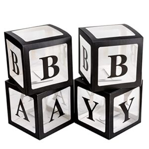 4pcs transparent baby boxes,clear balloon boxes backdrop with 16 letters,transparent baby shower blocks for boys and girls 1st birthday party, gender reveal party decorations (black)