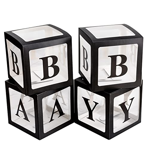 4pcs Transparent Baby Boxes,Clear Balloon Boxes Backdrop with 16 Letters,Transparent Baby Shower Blocks for Boys and Girls 1st Birthday Party, Gender Reveal Party Decorations (Black)