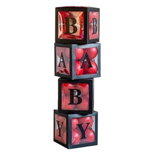 4pcs Transparent Baby Boxes,Clear Balloon Boxes Backdrop with 16 Letters,Transparent Baby Shower Blocks for Boys and Girls 1st Birthday Party, Gender Reveal Party Decorations (Black)