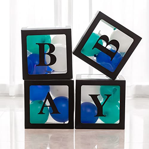 4pcs Transparent Baby Boxes,Clear Balloon Boxes Backdrop with 16 Letters,Transparent Baby Shower Blocks for Boys and Girls 1st Birthday Party, Gender Reveal Party Decorations (Black)