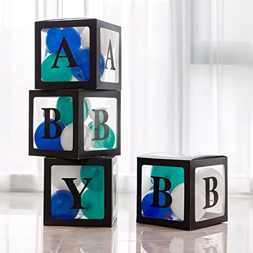 4pcs Transparent Baby Boxes,Clear Balloon Boxes Backdrop with 16 Letters,Transparent Baby Shower Blocks for Boys and Girls 1st Birthday Party, Gender Reveal Party Decorations (Black)