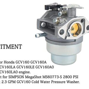 GCV160 Carburetor for Honda 160LAO GCV160LA GCV160A GCV160LE Engine HRT216 HRZ216 HRB216 HRR216 HRS216 Lawn Mower, GCV160 Carb Fit for GCV160 Cold Water Pressure Washer Replace 16100-ZMO-804