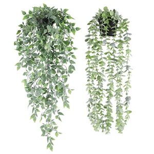 jpsor fake hanging plants, 2 pack artificial fake potted greenery faux eucalyptus mandala vine in pot for home wall shelf indoor outdoor decor