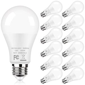 12-pack a19 led light bulbs, 100w equivalent bulbs, 13w 5000k daylight white led bulbs with standard e26 medium base, super bright 1500 lumens, cri85+, no flicker non-dimmable bulbs for lamp