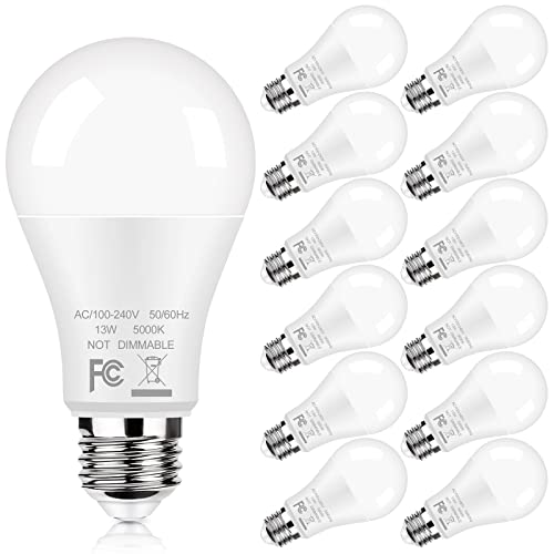 12-Pack A19 LED Light Bulbs, 100W Equivalent Bulbs, 13W 5000K Daylight White LED Bulbs with Standard E26 Medium Base, Super Bright 1500 Lumens, CRI85+, No Flicker Non-Dimmable Bulbs for Lamp