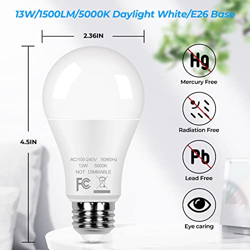 12-Pack A19 LED Light Bulbs, 100W Equivalent Bulbs, 13W 5000K Daylight White LED Bulbs with Standard E26 Medium Base, Super Bright 1500 Lumens, CRI85+, No Flicker Non-Dimmable Bulbs for Lamp