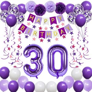 naninuneno 30th birthday decorations for women, purple 30 happy birthday balloons supplies including purple happy birthday banner, purple 30 number balloons, purple pink star streamers, hanging swirls