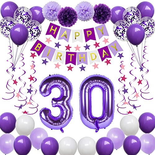 NANINUNENO 30th Birthday Decorations for Women, Purple 30 Happy Birthday Balloons Supplies Including Purple Happy Birthday Banner, Purple 30 Number Balloons, Purple Pink Star Streamers, Hanging Swirls