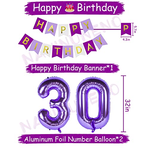 NANINUNENO 30th Birthday Decorations for Women, Purple 30 Happy Birthday Balloons Supplies Including Purple Happy Birthday Banner, Purple 30 Number Balloons, Purple Pink Star Streamers, Hanging Swirls