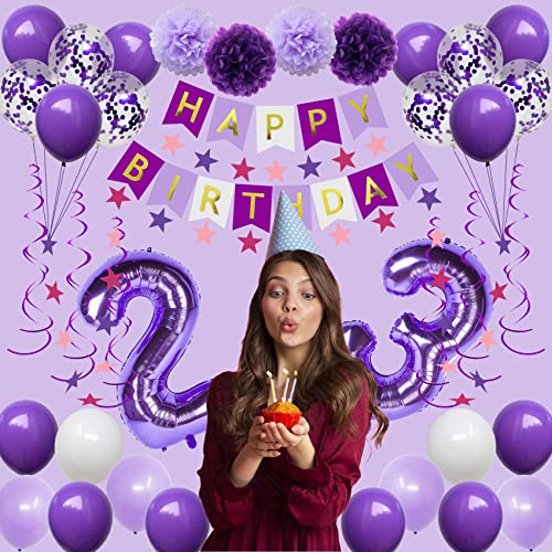 NANINUNENO 30th Birthday Decorations for Women, Purple 30 Happy Birthday Balloons Supplies Including Purple Happy Birthday Banner, Purple 30 Number Balloons, Purple Pink Star Streamers, Hanging Swirls