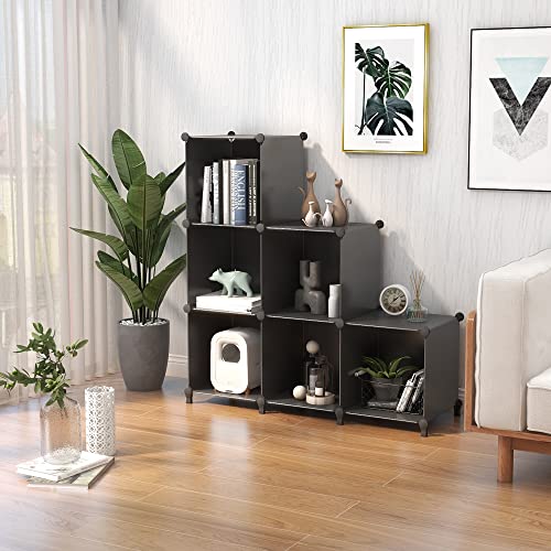 Wolizom Cube Storage Organizer, 6-Cube Black Closet Storage Shelves, Modular Units, Closet Cabinet, Portable DIY Plastic Book Shelf Shelving for Bedroom, Office, Living Room (12"X12"X12")