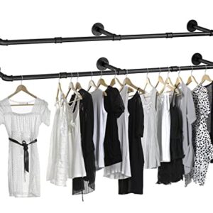 roundki Clothing Rack Wall Mounted, 70in Industrial Pipe Clothes Racks for Hanging Clothes, Heavy Duty Pipe Hanging Rod Garment Rack Bar for Closet Laundry, Max Load 145LbS Metal Black (2)