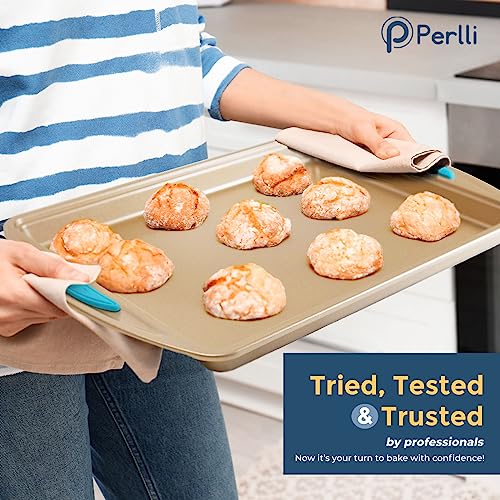 Baking Pan 8 Piece Set Nonstick Gold Carbon Steel Oven Bakeware Kitchen Set with Silicone Handles, Cookie Sheet, Roasting Pan, Lid, Square Pan, Pie Pan, Loaf Pan, Pizza Crisper, Muffin Pan by PERLLI