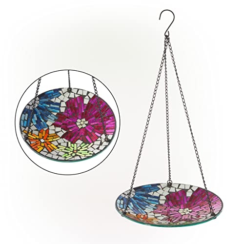 Alpine Corporation HMD214 Alpine 10" Round Glass Mosaic Floral Hanging, Multicolor Birdbath, No Size