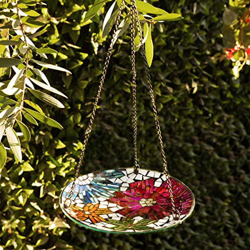 Alpine Corporation HMD214 Alpine 10" Round Glass Mosaic Floral Hanging, Multicolor Birdbath, No Size