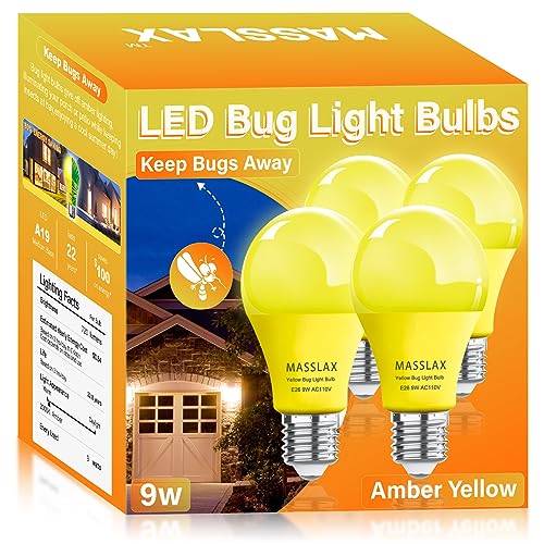 MASSLAX 4 Pack Amber Yellow LED Bug Light Bulbs Outdoor,Dimmable 9W Replace to 100W Bug Lights, E26 Base LED Bug Lights for Outside Porch Light, Decorative Lighting Bulbs, Bedroom Night Light Bulb