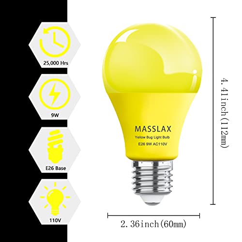 MASSLAX 4 Pack Amber Yellow LED Bug Light Bulbs Outdoor,Dimmable 9W Replace to 100W Bug Lights, E26 Base LED Bug Lights for Outside Porch Light, Decorative Lighting Bulbs, Bedroom Night Light Bulb