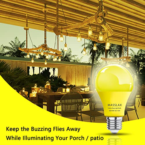 MASSLAX 4 Pack Amber Yellow LED Bug Light Bulbs Outdoor,Dimmable 9W Replace to 100W Bug Lights, E26 Base LED Bug Lights for Outside Porch Light, Decorative Lighting Bulbs, Bedroom Night Light Bulb