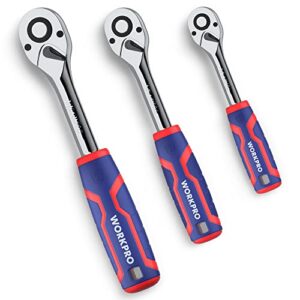 workpro 3-piece ratchet set, 1/4", 3/8", 1/2" quick-release reversible 72-tooth drive socket wrench
