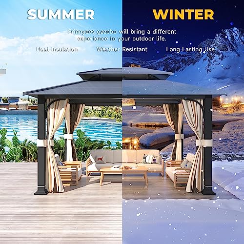 Erinnyees 12' x 14' Hardtop Gazebo,Iron Double Roof Gazebo with Curtains and Netting, Waterproof Canopy Gazebo with Anti-Rust Coating Frame for Patios, Gardens, Lawns, and Backyard