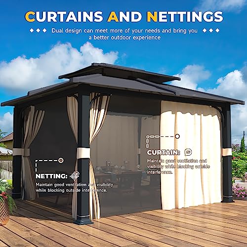 Erinnyees 12' x 14' Hardtop Gazebo,Iron Double Roof Gazebo with Curtains and Netting, Waterproof Canopy Gazebo with Anti-Rust Coating Frame for Patios, Gardens, Lawns, and Backyard