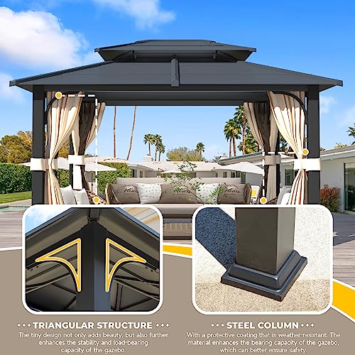 Erinnyees 12' x 14' Hardtop Gazebo,Iron Double Roof Gazebo with Curtains and Netting, Waterproof Canopy Gazebo with Anti-Rust Coating Frame for Patios, Gardens, Lawns, and Backyard