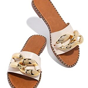 pearl&she Women's Leather Flat Slippers Metallic Link Chains Slip On Summer Indoor and Outdoor Slide Sandals(A Middle apricot 38)