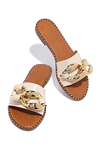 pearl&she Women's Leather Flat Slippers Metallic Link Chains Slip On Summer Indoor and Outdoor Slide Sandals(A Middle apricot 38)