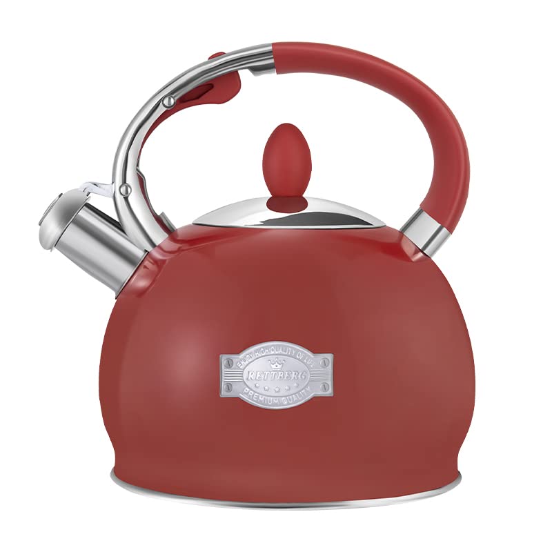 RETTBERG Tea Kettle for Stovetop Whistling Tea Kettles Retro Black Stainless Steel Teapots, 2.64 Quart (Red2)