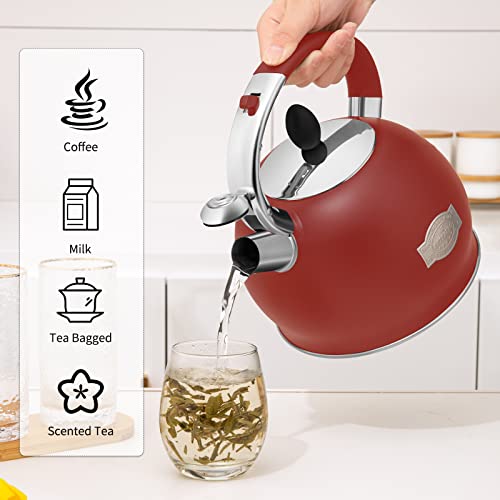 RETTBERG Tea Kettle for Stovetop Whistling Tea Kettles Retro Black Stainless Steel Teapots, 2.64 Quart (Red2)