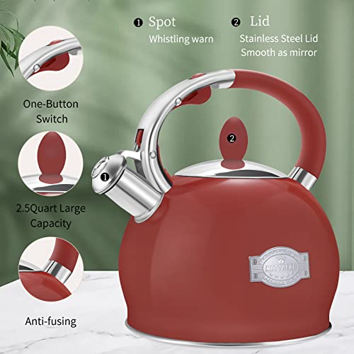 RETTBERG Tea Kettle for Stovetop Whistling Tea Kettles Retro Black Stainless Steel Teapots, 2.64 Quart (Red2)