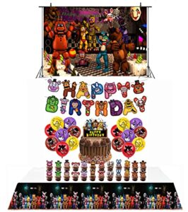 birthday party supplies, five nights at freddy includes banner, tablecloth, cake topper - 24 cupcake toppers - 20 balloons and backdrop