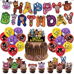 Birthday Party Supplies,Five Nights at Freddy Includes Banner, Tablecloth, Cake Topper - 24 Cupcake Toppers - 20 Balloons