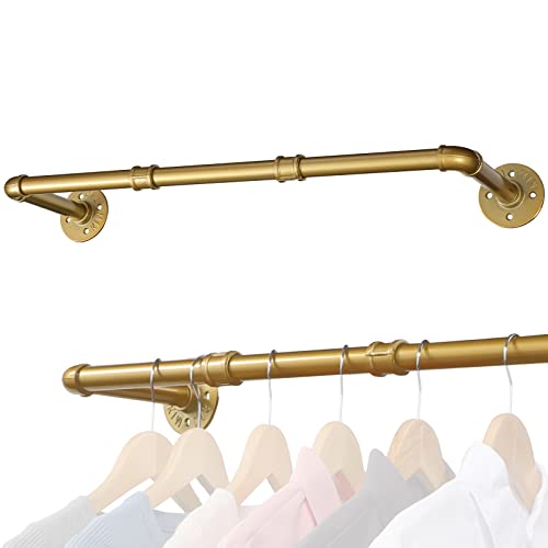 Industrial Pipe Gold Clothing Rack, 30 Inch Wall Mounted Golden Clothes Rack, Industrial Pipe Clothes Hanger Rack, Iron Golden Pipe Clothes Hanging Bar, Heavy Duty Metal Rod for Retail Display Laundry