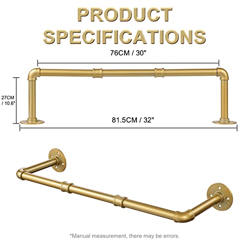 Industrial Pipe Gold Clothing Rack, 30 Inch Wall Mounted Golden Clothes Rack, Industrial Pipe Clothes Hanger Rack, Iron Golden Pipe Clothes Hanging Bar, Heavy Duty Metal Rod for Retail Display Laundry