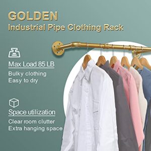 Industrial Pipe Gold Clothing Rack, 30 Inch Wall Mounted Golden Clothes Rack, Industrial Pipe Clothes Hanger Rack, Iron Golden Pipe Clothes Hanging Bar, Heavy Duty Metal Rod for Retail Display Laundry