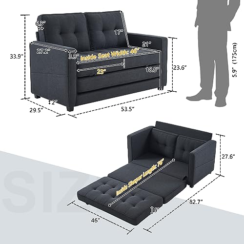 VINGLI Upgraded Loveseat Sleeper, 53.5" W 83" L Convertible Sofa Bed Couch Futon Couches for Living Room, Folding Couch Bed for Small Spaces, Fold Out Floor Gaming Sofa Bed for Basement, Black