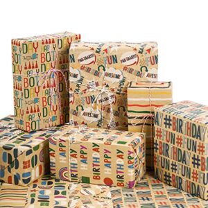 Packanewly Brithday Kraft Wrapping Paper Sheet - 6 Sheets Different Design Reversible Gift Brown Wrap Paper - 17.5 x 30 inches per Sheet