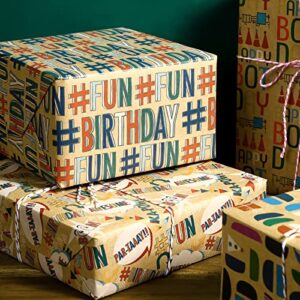 Packanewly Brithday Kraft Wrapping Paper Sheet - 6 Sheets Different Design Reversible Gift Brown Wrap Paper - 17.5 x 30 inches per Sheet