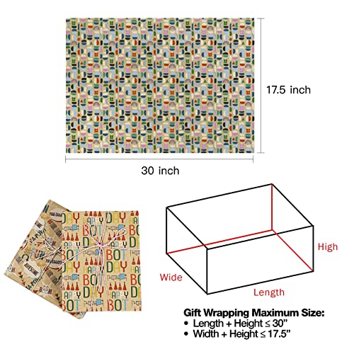 Packanewly Brithday Kraft Wrapping Paper Sheet - 6 Sheets Different Design Reversible Gift Brown Wrap Paper - 17.5 x 30 inches per Sheet