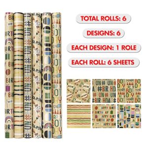 Packanewly Brithday Kraft Wrapping Paper Sheet - 6 Sheets Different Design Reversible Gift Brown Wrap Paper - 17.5 x 30 inches per Sheet