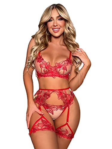 WDIRARA Women's Red Lace Underwire 3 Piece Embroidered Sexy Lingerie Set with Garter Belt Red L