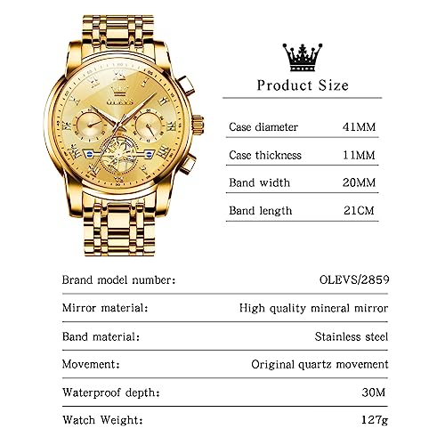 OLEVS Mens Watches Luxury Dress Stainless Steel Chronograph Gold Watches for Men Waterproof Date Analog Quartz Luminous Men's Wrist Watches Relojes para Hombres