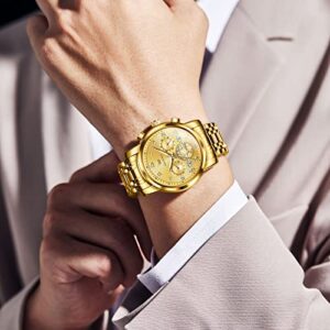 OLEVS Mens Watches Luxury Dress Stainless Steel Chronograph Gold Watches for Men Waterproof Date Analog Quartz Luminous Men's Wrist Watches Relojes para Hombres