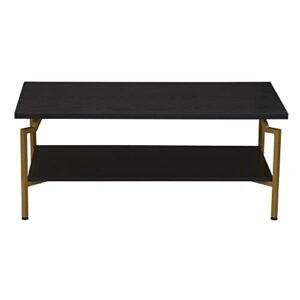 Household Essentials Crown Rectangular Coffee Table with Storage Shelf Black Oak Wood Grain and Gold Metal