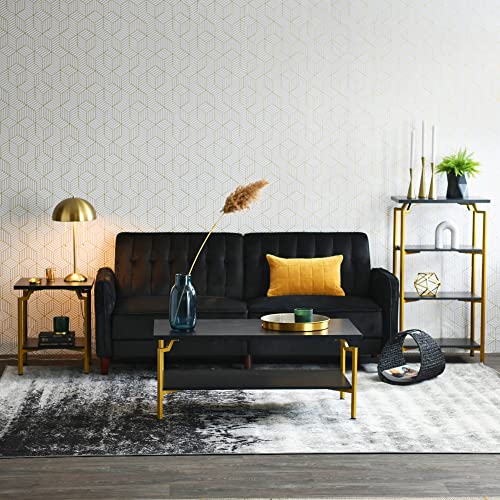 Household Essentials Crown Rectangular Coffee Table with Storage Shelf Black Oak Wood Grain and Gold Metal